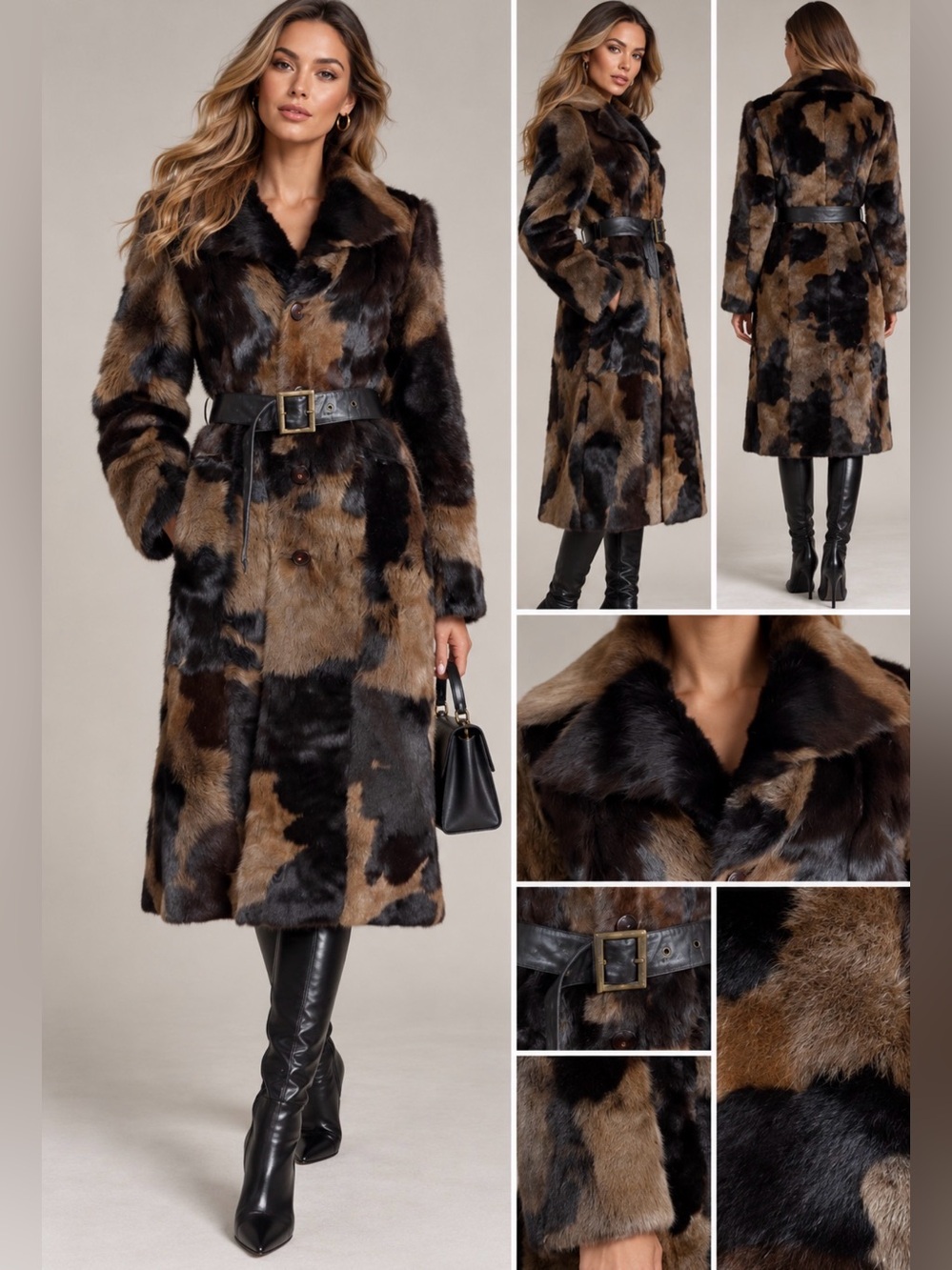 Cowskin Long Brown & Black cow hair  shearling Fur Belted coat